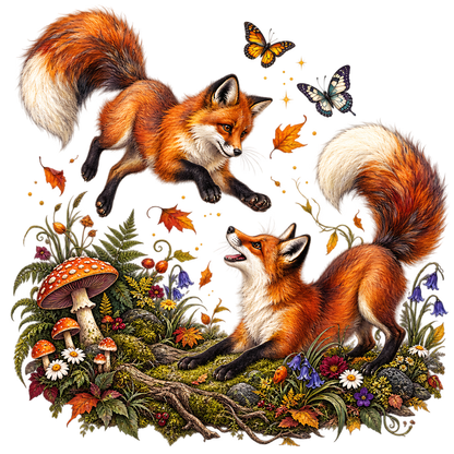 Playful Foxes in Autumn Forest PNG