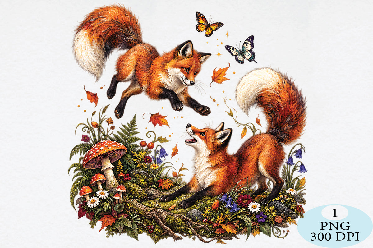Playful Foxes in Autumn Forest PNG