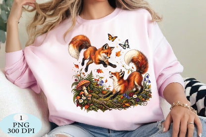 Playful Foxes in Autumn Forest PNG
