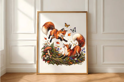 Playful Foxes in Autumn Forest PNG