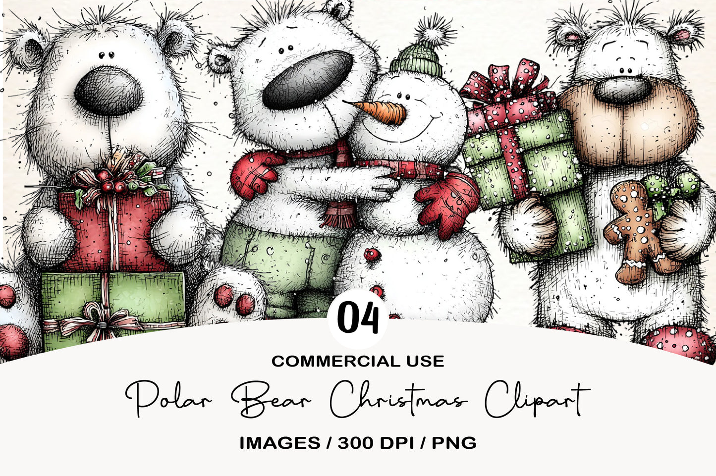 Polar Bear Christmas Clipart PNG Bundle | Cute Watercolor Holiday Polar Bear Clipart | Festive Winter Bear PNG