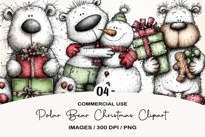 Polar Bear Christmas Clipart PNG Bundle | Cute Watercolor Holiday Polar Bear Clipart | Festive Winter Bear PNG