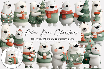 Cute Polar Bear Christmas Clipart PNG Winter Holiday Sublimation