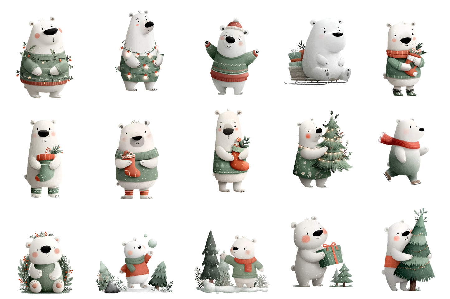 Cute Polar Bear Christmas Clipart PNG Winter Holiday Sublimation