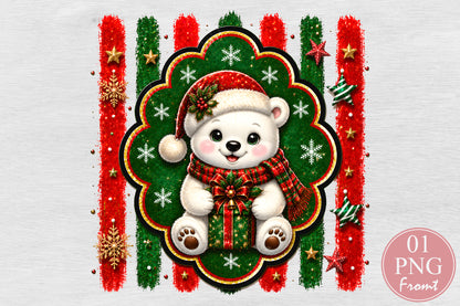 Cute Christmas Polar Bear PNG Santa Hat Gift Holiday Sublimation Design