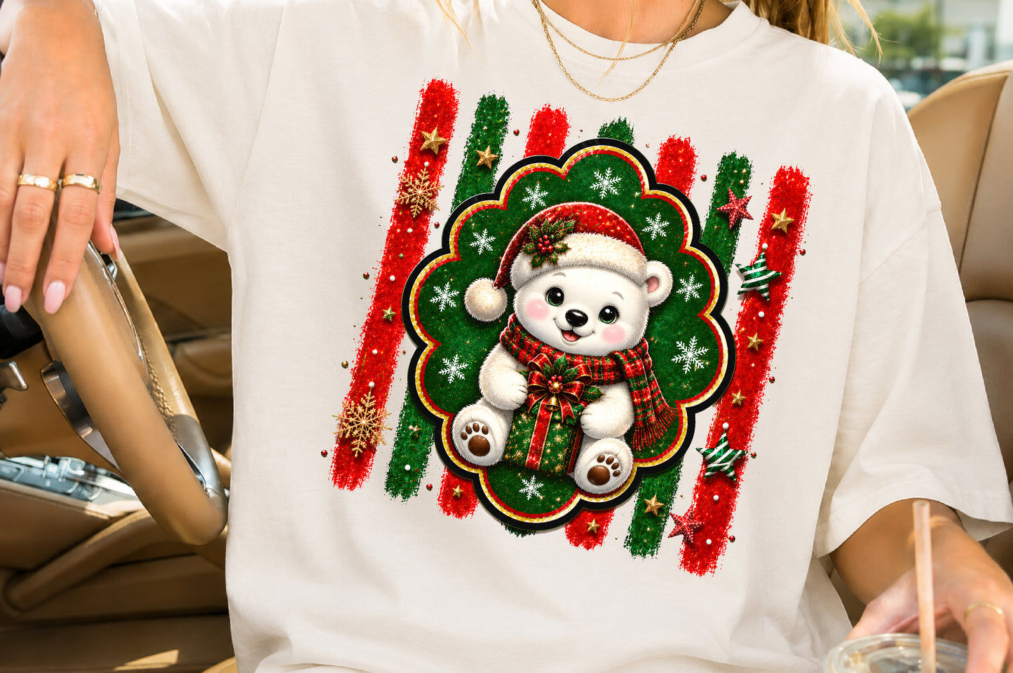 Cute Christmas Polar Bear PNG Santa Hat Gift Holiday Sublimation Design