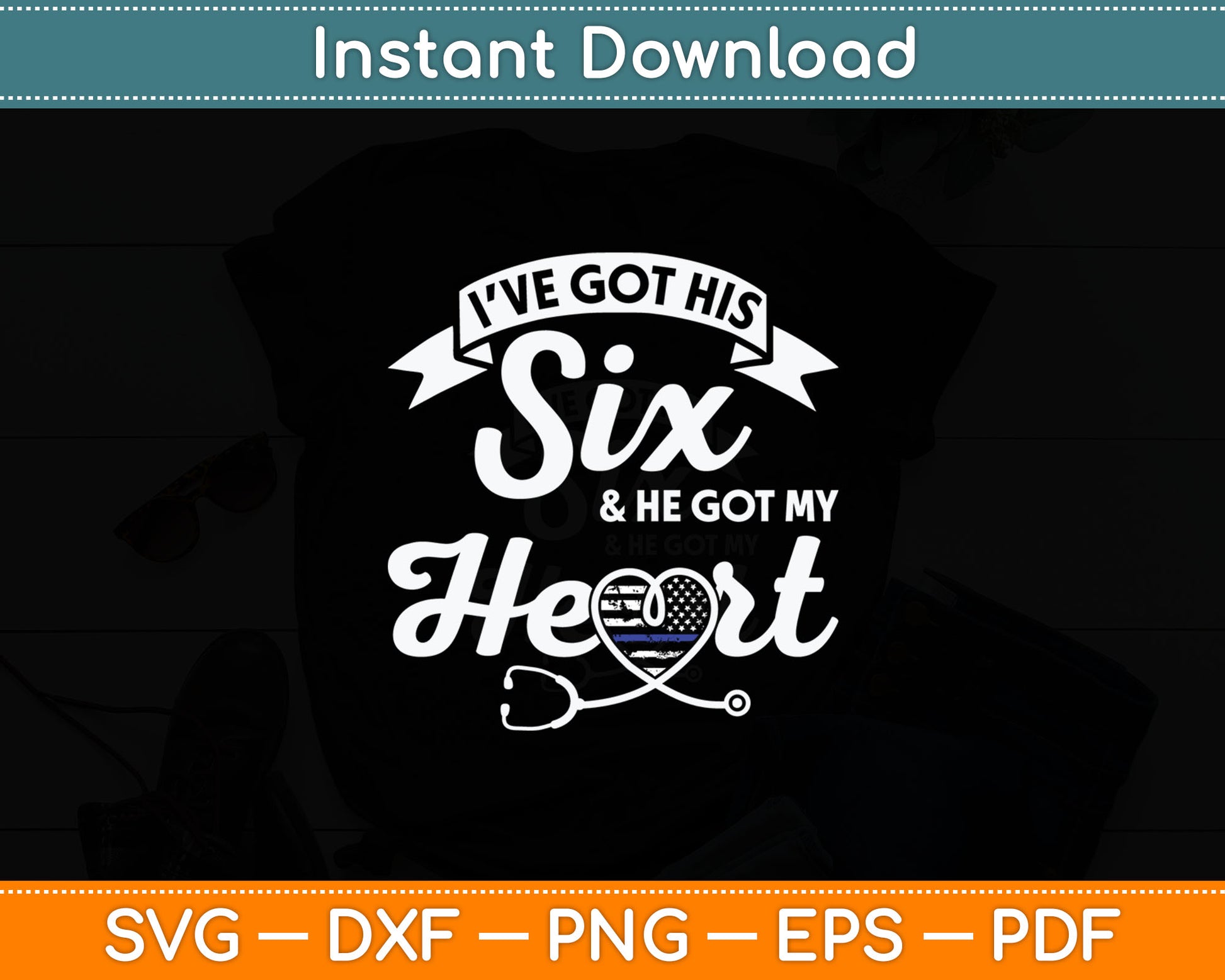 Police Wife Nurse Life Six Heart Thin Blue Line RN Mom Svg Digital Cutting File