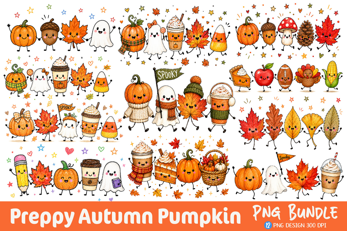 Preppy Autumn Pumpkin PNG Bundle Cute Fall Halloween Thanksgiving Clipart