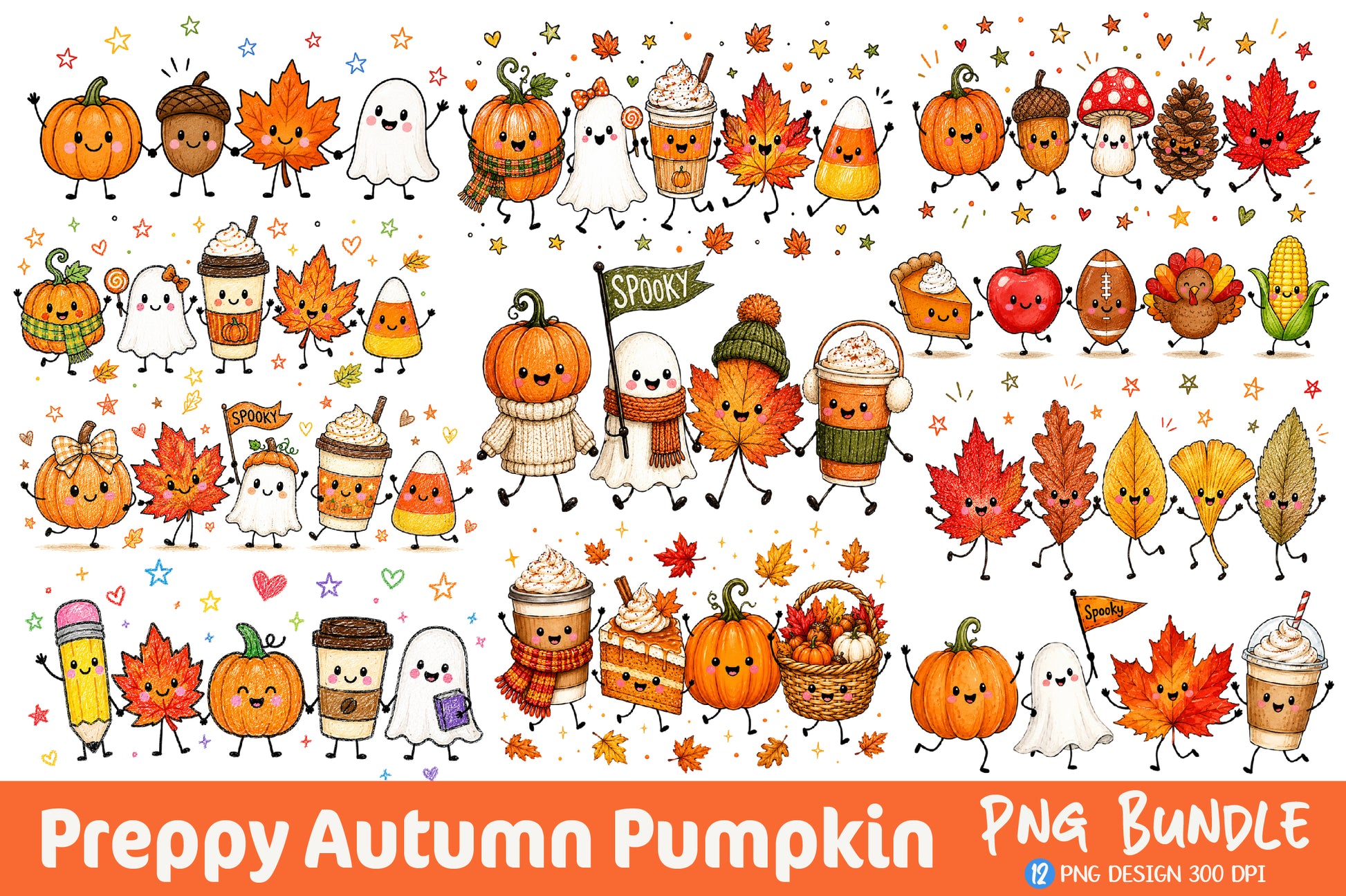 Preppy Autumn Pumpkin PNG Bundle Cute Fall Halloween Thanksgiving Clipart