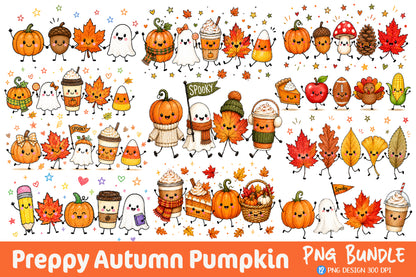 Preppy Autumn Pumpkin PNG Bundle Cute Fall Halloween Thanksgiving Clipart