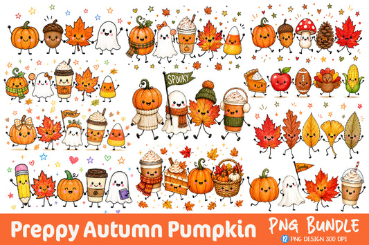 Preppy Autumn Pumpkin PNG Bundle Cute Fall Halloween Thanksgiving Clipart