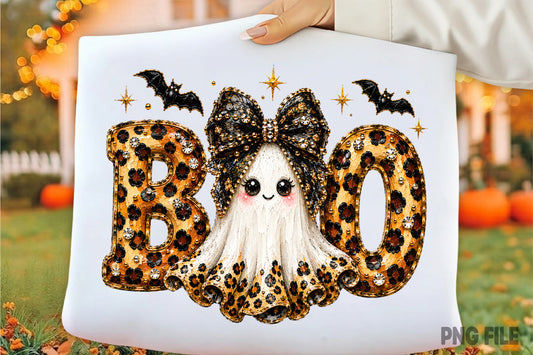 Preppy BOO Ghost Coquette PNG | Leopard Halloween Ghost Bow Spooky Glam Clipart | Cute Fall Sublimation Design