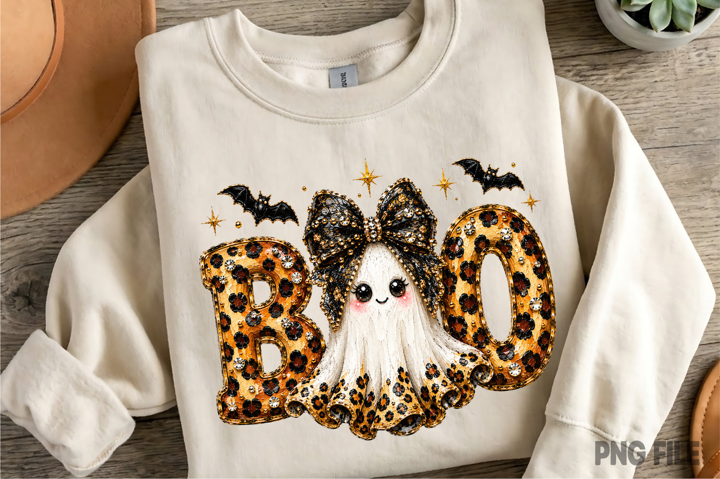 Preppy BOO Ghost Coquette PNG | Leopard Halloween Ghost Bow Spooky Glam Clipart | Cute Fall Sublimation Design