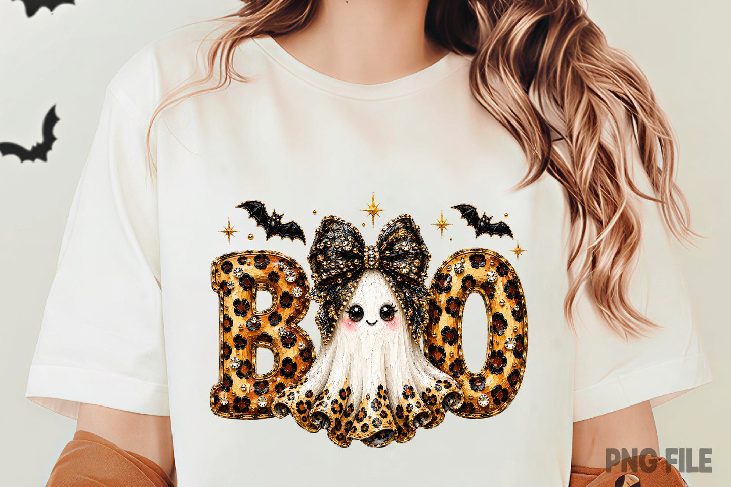 Preppy BOO Ghost Coquette PNG | Leopard Halloween Ghost Bow Spooky Glam Clipart | Cute Fall Sublimation Design