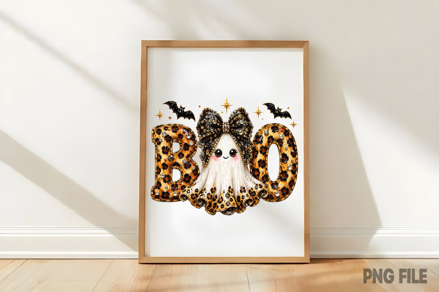 Preppy BOO Ghost Coquette PNG | Leopard Halloween Ghost Bow Spooky Glam Clipart | Cute Fall Sublimation Design