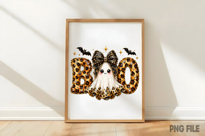 Preppy BOO Ghost Coquette PNG | Leopard Halloween Ghost Bow Spooky Glam Clipart | Cute Fall Sublimation Design