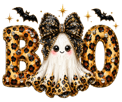 Preppy BOO Ghost Coquette PNG | Leopard Halloween Ghost Bow Spooky Glam Clipart | Cute Fall Sublimation Design