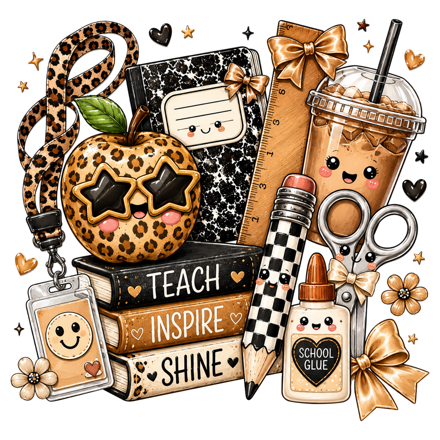 Preppy Teacher Back to School PNG Leopard School Supplies Sublimation