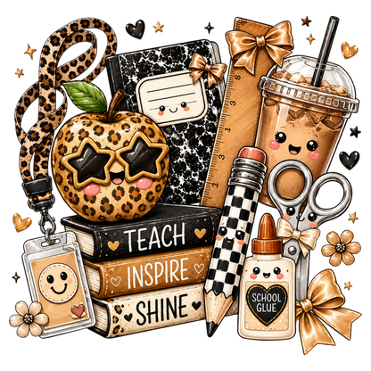 Preppy Teacher Back to School PNG Leopard School Supplies Sublimation