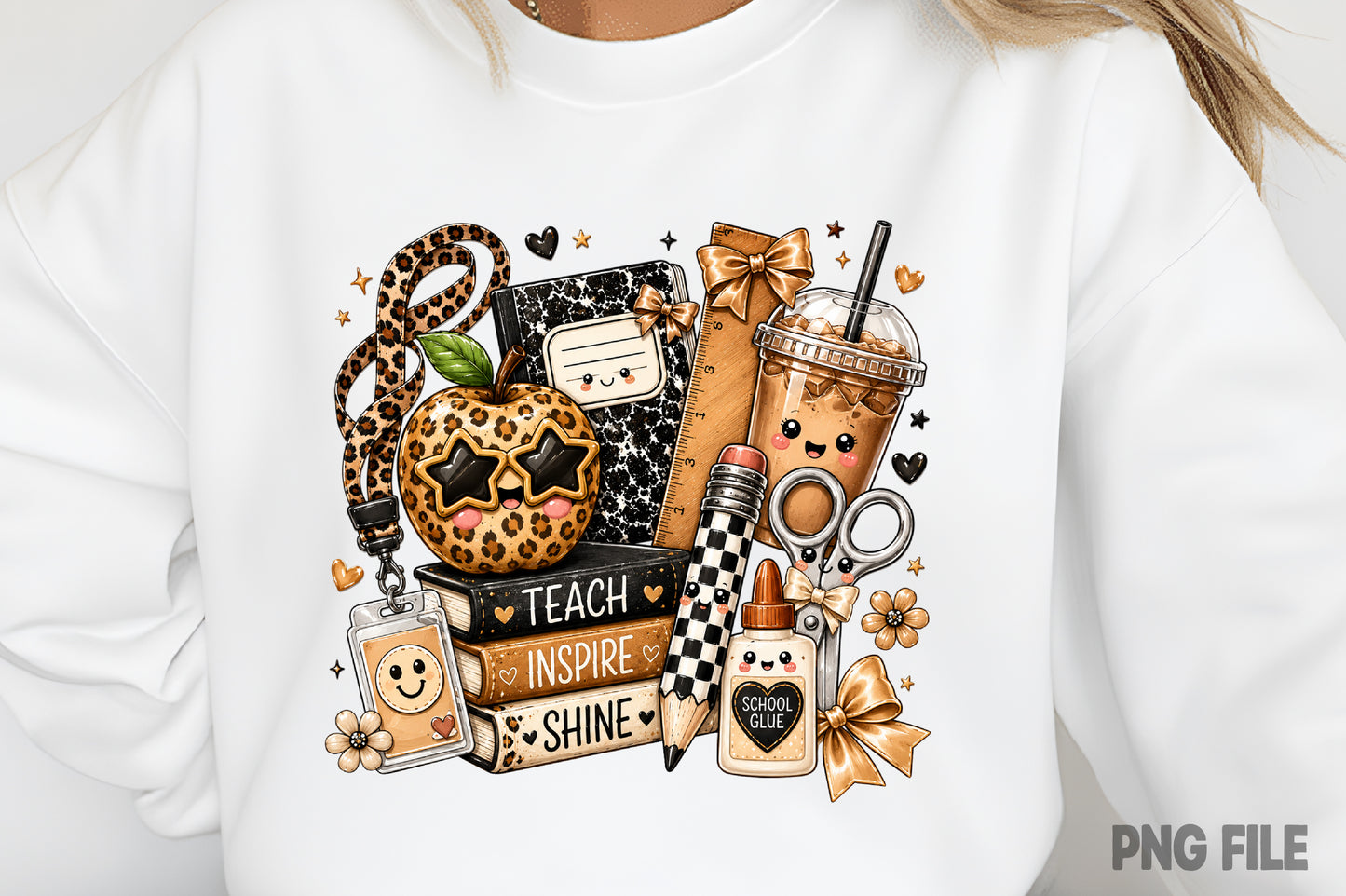 Preppy Teacher Back to School PNG Leopard School Supplies Sublimation