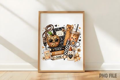 Preppy Teacher Back to School PNG Leopard School Supplies Sublimation