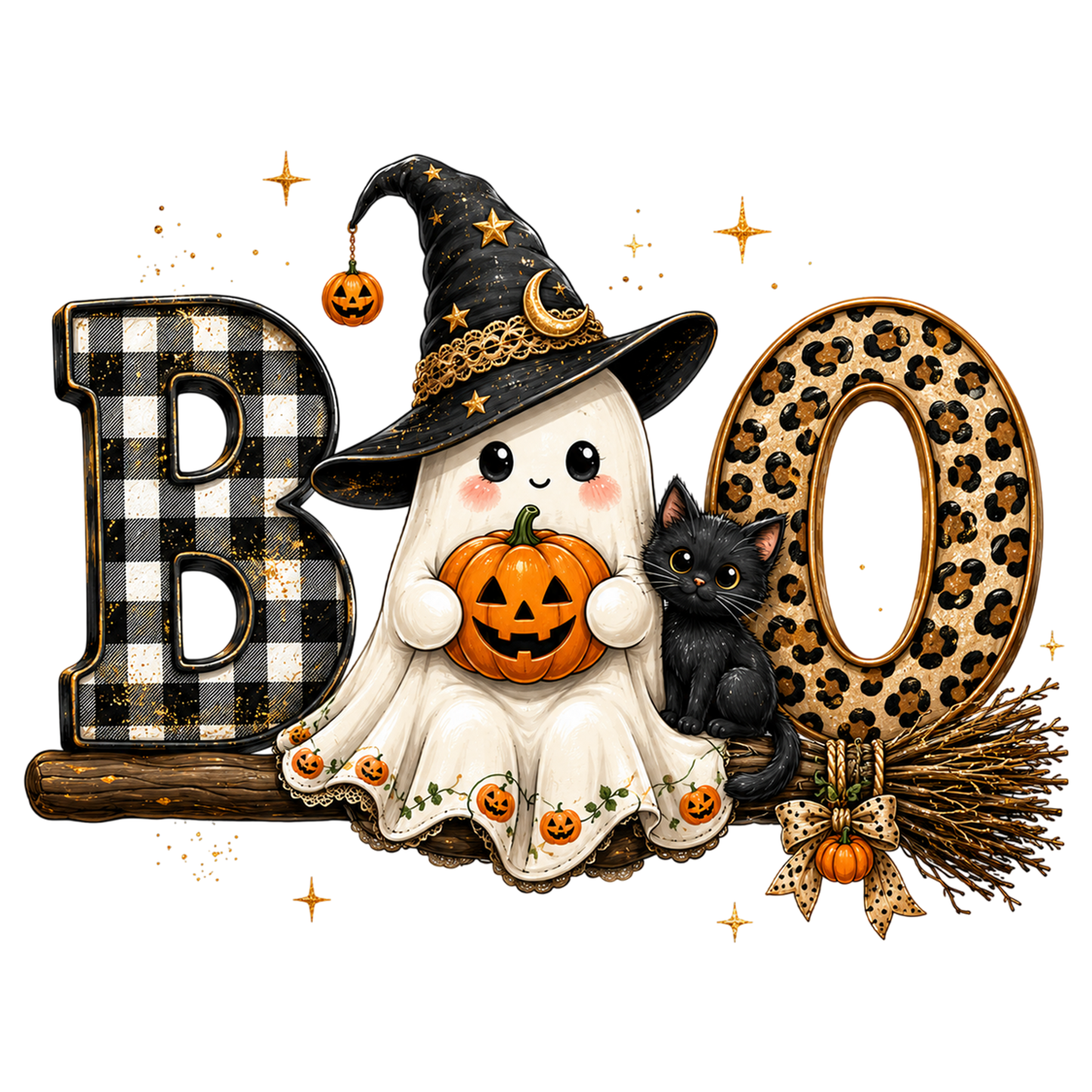 Preppy Boo Ghost PNG | Coquette Halloween Ghost Witch Cat Leopard Bow Clipart | Cute Spooky Sublimation Design