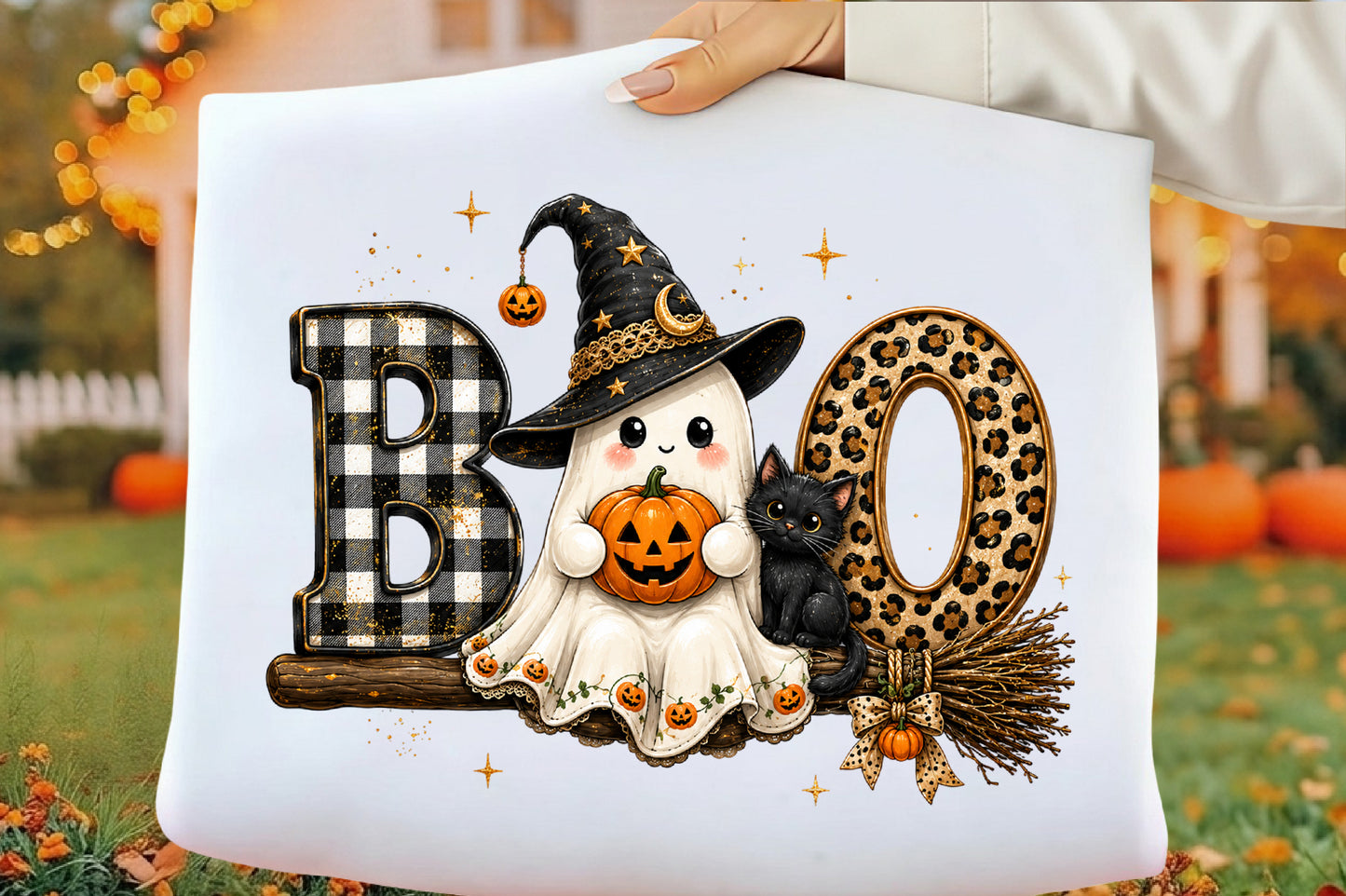 Preppy Boo Ghost PNG | Coquette Halloween Ghost Witch Cat Leopard Bow Clipart | Cute Spooky Sublimation Design