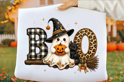 Preppy Boo Ghost PNG | Coquette Halloween Ghost Witch Cat Leopard Bow Clipart | Cute Spooky Sublimation Design