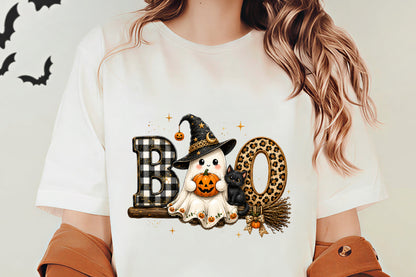 Preppy Boo Ghost PNG | Coquette Halloween Ghost Witch Cat Leopard Bow Clipart | Cute Spooky Sublimation Design