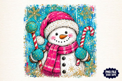 Preppy Christmas Snowman PNG, Pink Snowman Winter Sublimation Design