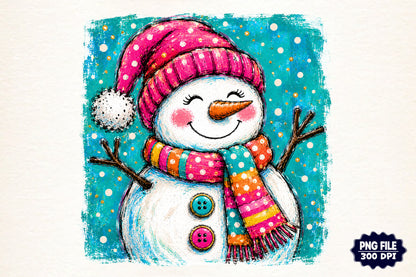 Preppy Christmas Snowman PNG, Colorful Winter Snowman Sublimation Design