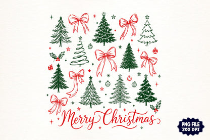 Preppy Christmas Tree Coquette Bow PNG | Merry Christmas Holiday Clipart