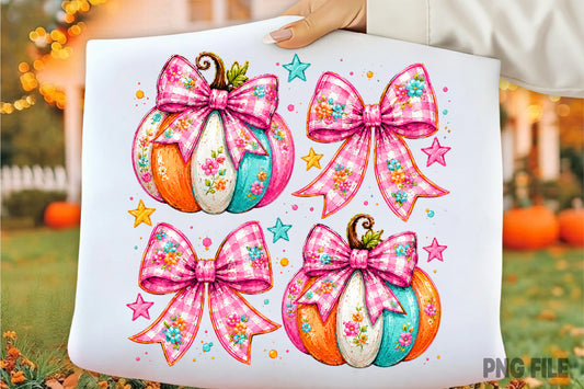 Preppy Coquette Fall Pumpkin PNG | Pink Floral Bow Pumpkin Autumn Clipart | Cute Fall Halloween Sublimation Design