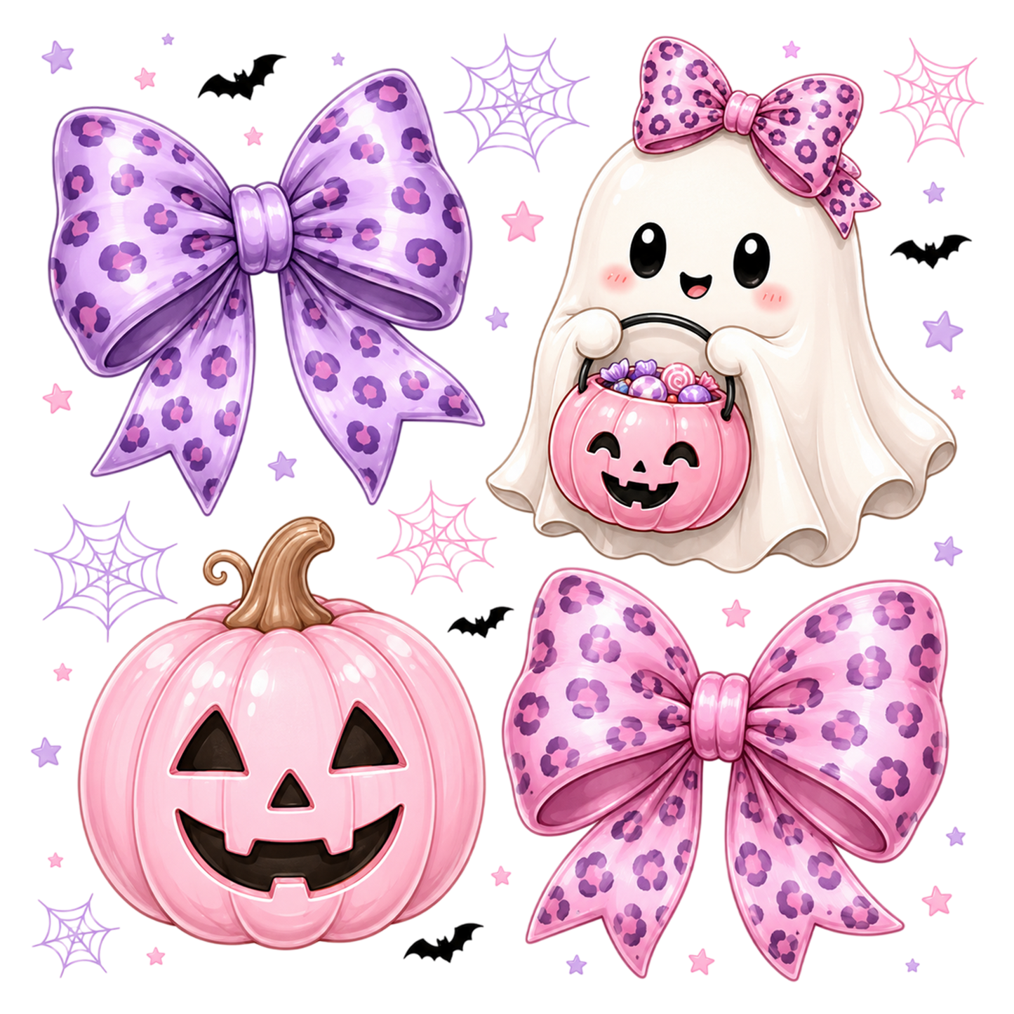 Preppy Coquette Ghost Halloween PNG Cute Pink Leopard Bow Clipart