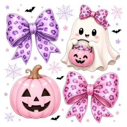 Preppy Coquette Ghost Halloween PNG Cute Pink Leopard Bow Clipart