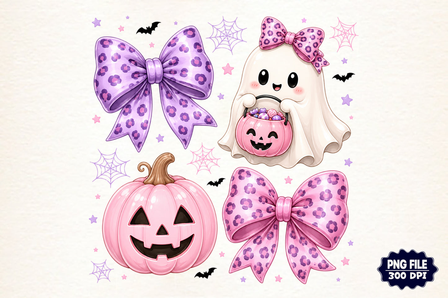Preppy Coquette Ghost Halloween PNG Cute Pink Leopard Bow Clipart