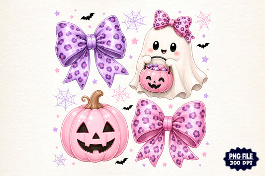 Preppy Coquette Ghost Halloween PNG Cute Pink Leopard Bow Clipart