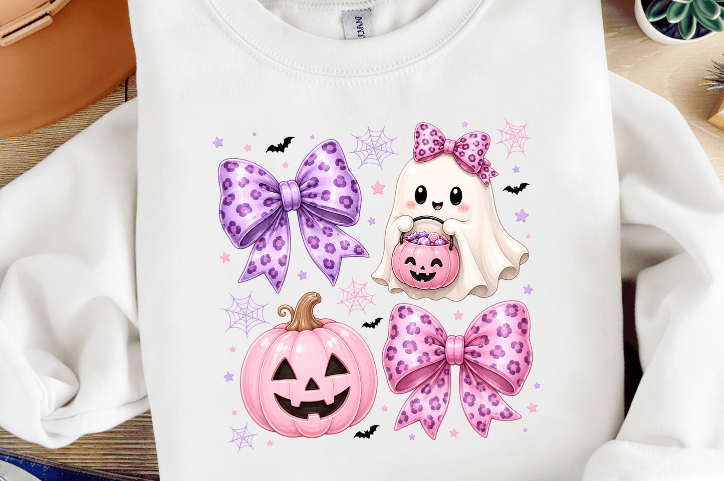 Preppy Coquette Ghost Halloween PNG Cute Pink Leopard Bow Clipart