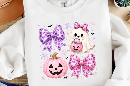 Preppy Coquette Ghost Halloween PNG Cute Pink Leopard Bow Clipart