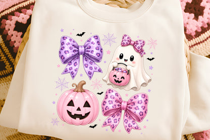 Preppy Coquette Ghost Halloween PNG Cute Pink Leopard Bow Clipart