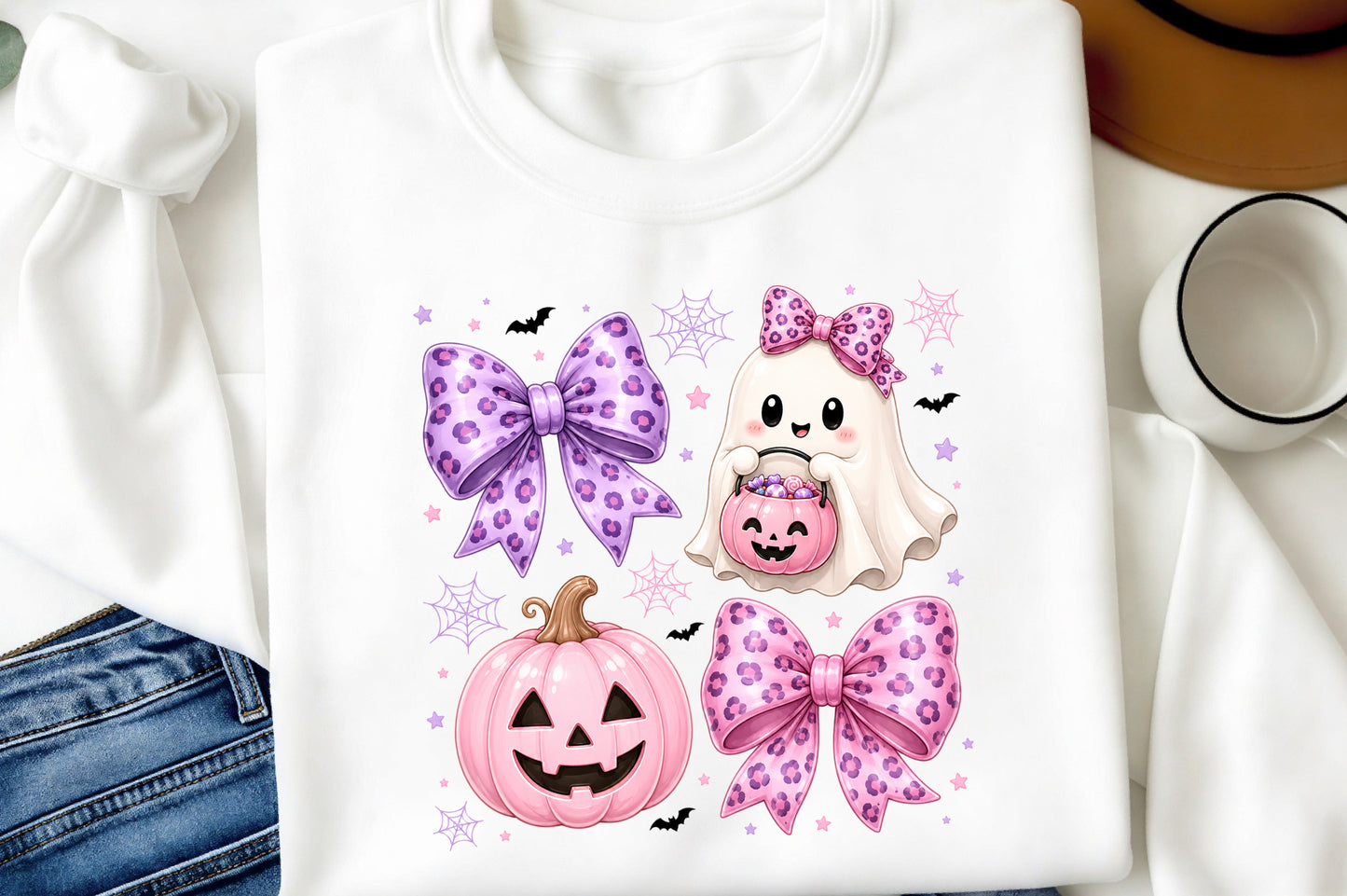 Preppy Coquette Ghost Halloween PNG Cute Pink Leopard Bow Clipart