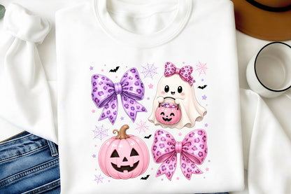 Preppy Coquette Ghost Halloween PNG Cute Pink Leopard Bow Clipart