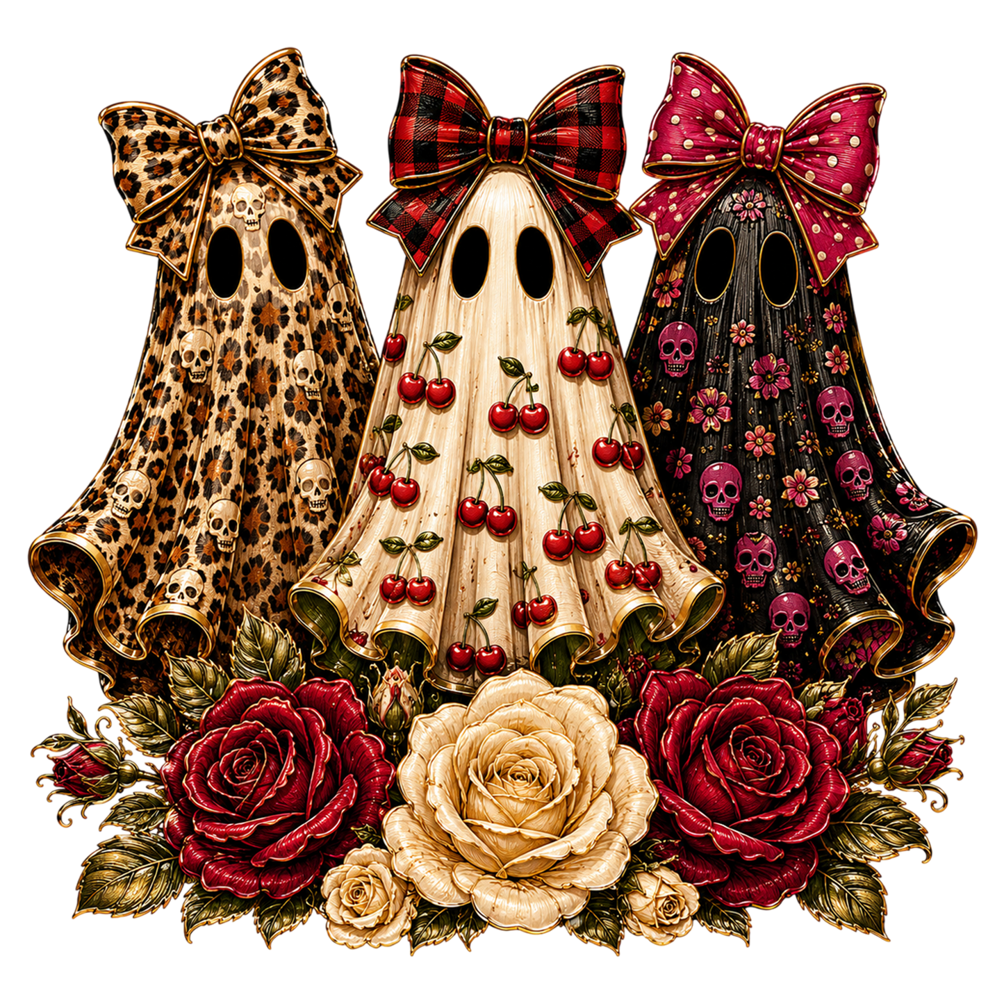 Preppy Ghost Coquette PNG | Halloween Ghost Bow Cherry Rose Clipart | Girly Spooky Fall Sublimation Design