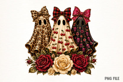Preppy Ghost Coquette PNG | Halloween Ghost Bow Cherry Rose Clipart | Girly Spooky Fall Sublimation Design