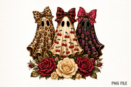 Preppy Ghost Coquette PNG | Halloween Ghost Bow Cherry Rose Clipart | Girly Spooky Fall Sublimation Design