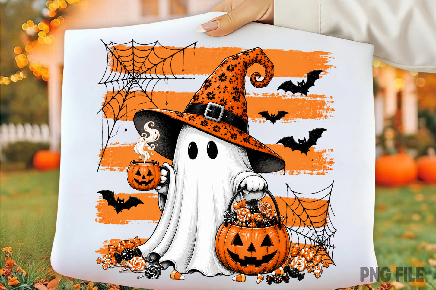Halloween Ghost Witch PNG | Cute Spooky Ghost Pumpkin Candy Halloween Sublimation Design