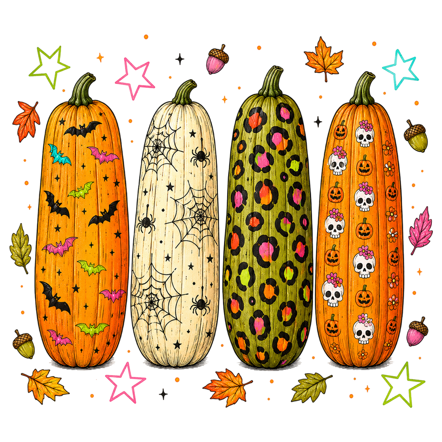Preppy Halloween Pumpkin PNG | Cute Spooky Fall Pumpkin Clipart | Colorful Bat Spiderweb Leopard Skull Sublimation Design