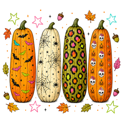 Preppy Halloween Pumpkin PNG | Cute Spooky Fall Pumpkin Clipart | Colorful Bat Spiderweb Leopard Skull Sublimation Design