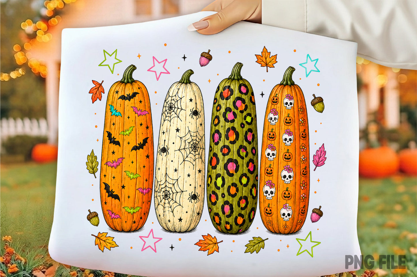 Preppy Halloween Pumpkin PNG | Cute Spooky Fall Pumpkin Clipart | Colorful Bat Spiderweb Leopard Skull Sublimation Design