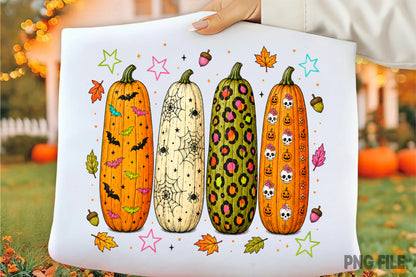 Preppy Halloween Pumpkin PNG | Cute Spooky Fall Pumpkin Clipart | Colorful Bat Spiderweb Leopard Skull Sublimation Design